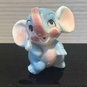 Vintage Trunk Up Elephant Baby Blue & Pink 3" Ceramic Figurine Japan -Super Cute